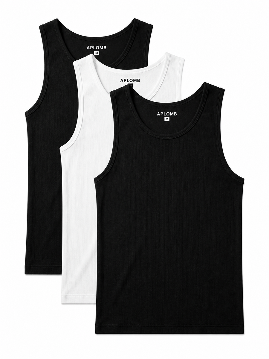 Pack de 3 · Débardeur Stretch Fit 2 Noirs · 1 Blanc
