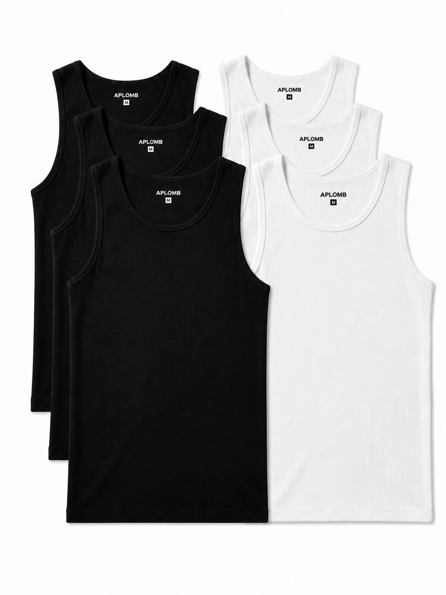Pack de 6 · Débardeur Stretch Fit 3 Noirs · 3 Blancs