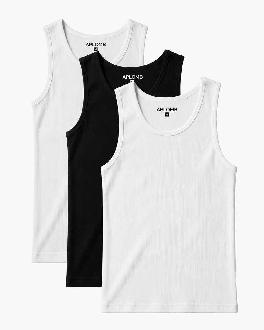 Pack de 3 · Débardeur Stretch Fit 2 Blancs · 1 Noir